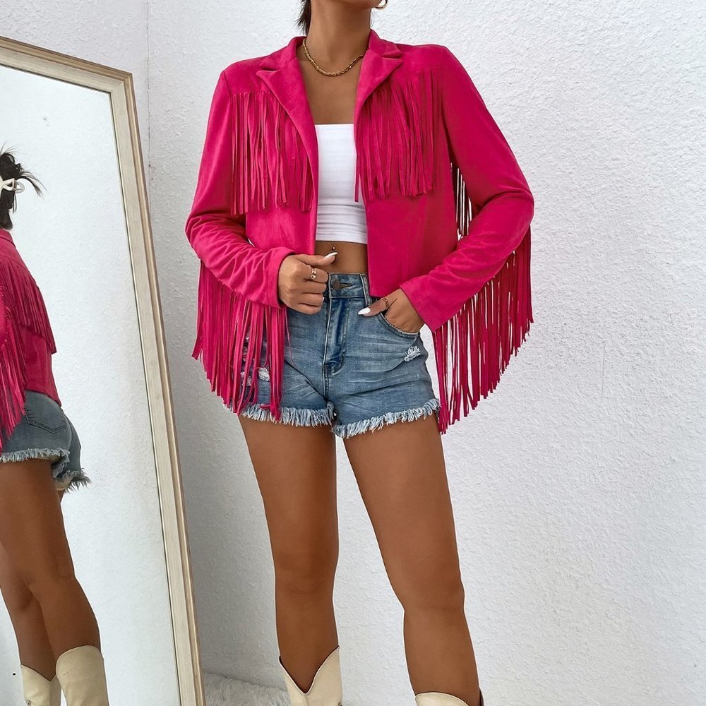 Pink Casual Womens Fringe Trim Open Front Jacket - Picture 5 of 5